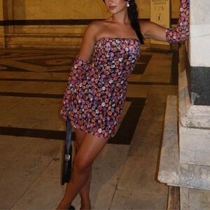 Strapless Floral Mini Dress in Pink & Purple